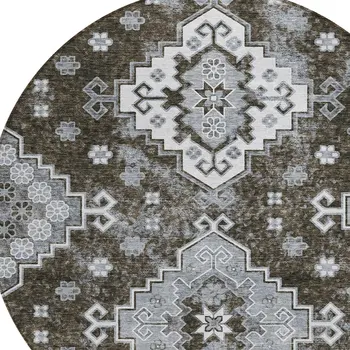 8' Brown And Gray Round Medallion Washable Indoor Outdoor Area Rug