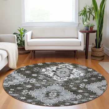 8' Brown And Gray Round Medallion Washable Indoor Outdoor Area Rug
