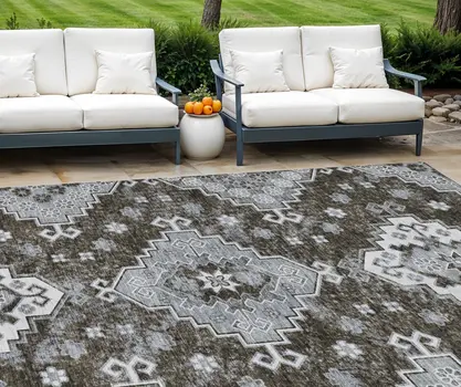 8' X 10' Brown And Gray Medallion Washable Indoor Outdoor Area Rug
