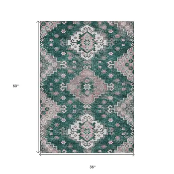 3' X 5' Emerald Brown And Ivory Medallion Washable Indoor Outdoor Area Rug