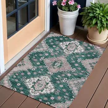 3' X 5' Emerald Brown And Ivory Medallion Washable Indoor Outdoor Area Rug
