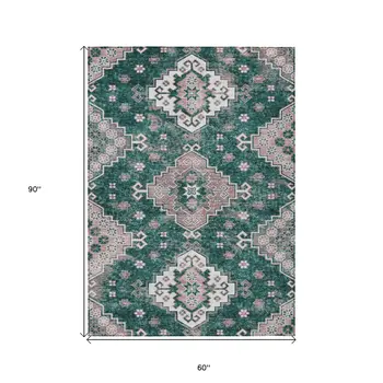 5' X 8' Emerald Brown And Ivory Medallion Washable Indoor Outdoor Area Rug