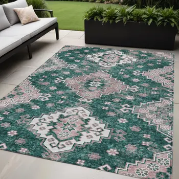 5' X 8' Emerald Brown And Ivory Medallion Washable Indoor Outdoor Area Rug