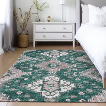5' X 8' Emerald Brown And Ivory Medallion Washable Indoor Outdoor Area Rug