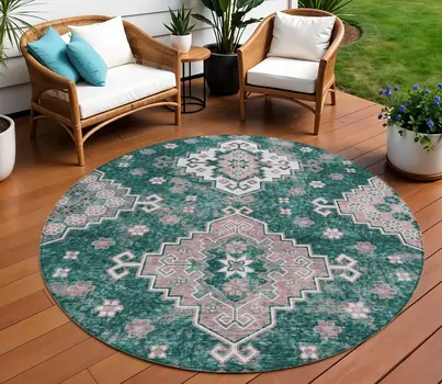 8' Emerald Brown And Ivory Round Medallion Washable Indoor Outdoor Area Rug