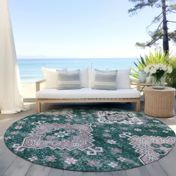 8' Emerald Brown And Ivory Round Medallion Washable Indoor Outdoor Area Rug