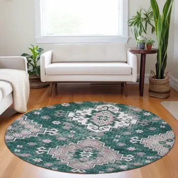 8' Emerald Brown And Ivory Round Medallion Washable Indoor Outdoor Area Rug