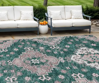 10' X 14' Emerald Brown And Ivory Medallion Washable Indoor Outdoor Area Rug