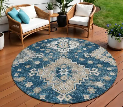 8' Navy Blue Beige And Ivory Round Medallion Washable Indoor Outdoor Area Rug