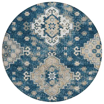 8' Navy Blue Beige And Ivory Round Medallion Washable Indoor Outdoor Area Rug