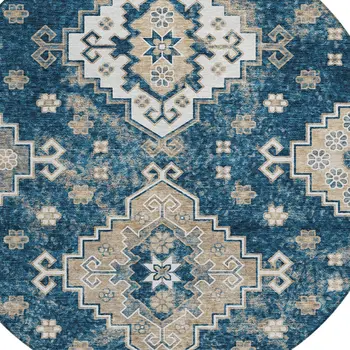 8' Navy Blue Beige And Ivory Round Medallion Washable Indoor Outdoor Area Rug