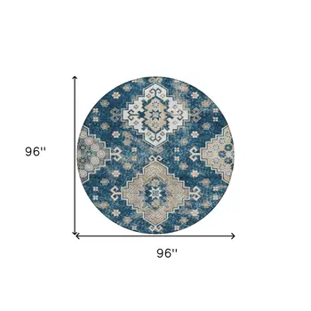 8' Navy Blue Beige And Ivory Round Medallion Washable Indoor Outdoor Area Rug