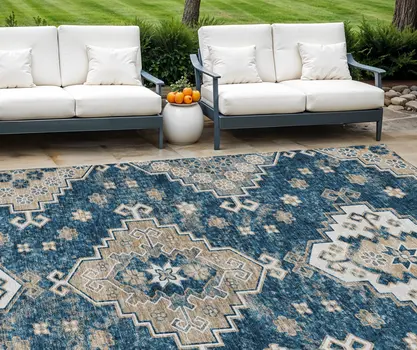 8' X 10' Navy Blue Beige And Ivory Medallion Washable Indoor Outdoor Area Rug