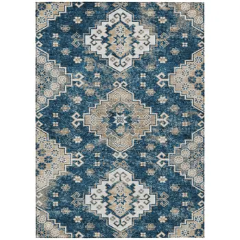 8' X 10' Navy Blue Beige And Ivory Medallion Washable Indoor Outdoor Area Rug