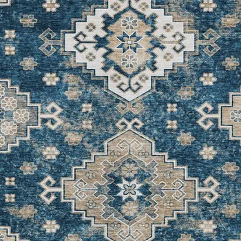8' X 10' Navy Blue Beige And Ivory Medallion Washable Indoor Outdoor Area Rug
