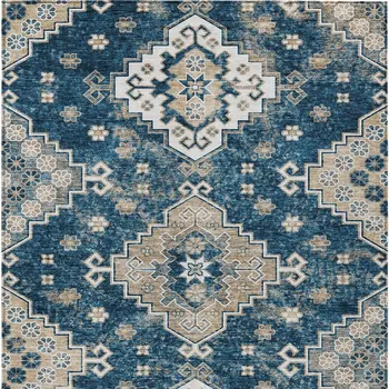 9' X 12' Navy Blue Beige And Ivory Medallion Washable Indoor Outdoor Area Rug