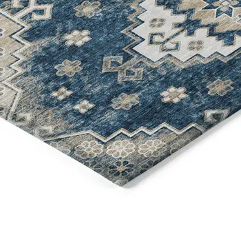 10' X 14' Navy Blue Beige And Ivory Medallion Washable Indoor Outdoor Area Rug