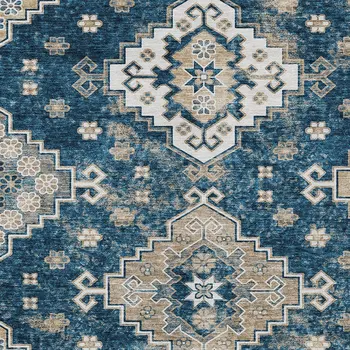 10' X 14' Navy Blue Beige And Ivory Medallion Washable Indoor Outdoor Area Rug