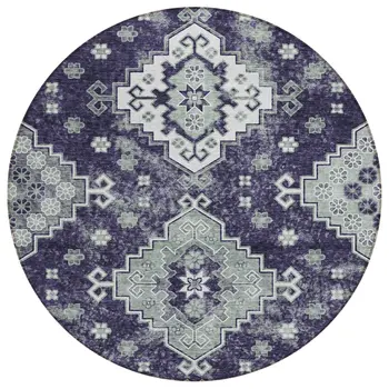 8' Purple Eggplant And Sage Round Medallion Washable Indoor Outdoor Area Rug