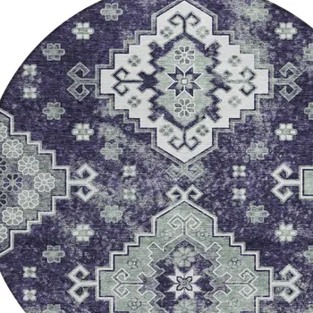 8' Purple Eggplant And Sage Round Medallion Washable Indoor Outdoor Area Rug