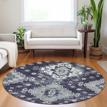 8' Purple Eggplant And Sage Round Medallion Washable Indoor Outdoor Area Rug