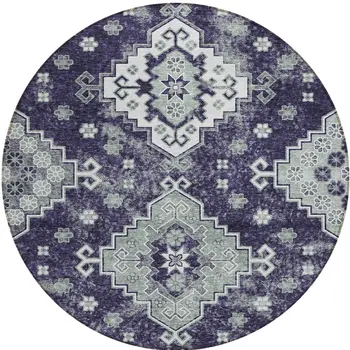 8' Purple Eggplant And Sage Round Medallion Washable Indoor Outdoor Area Rug