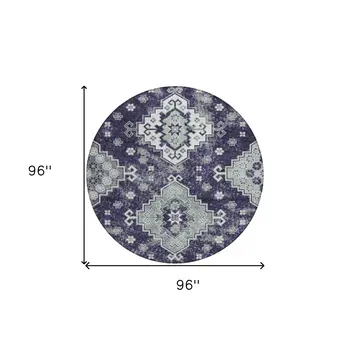 8' Purple Eggplant And Sage Round Medallion Washable Indoor Outdoor Area Rug