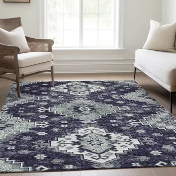 8' X 10' Purple Eggplant And Sage Medallion Washable Indoor Outdoor Area Rug
