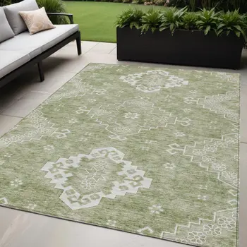 5' X 8' Artichoke Green Beige And Ivory Medallion Washable Indoor Outdoor Area Rug