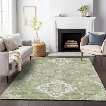 5' X 8' Artichoke Green Beige And Ivory Medallion Washable Indoor Outdoor Area Rug