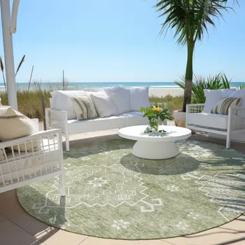 8' Artichoke Green Beige And Ivory Round Medallion Washable Indoor Outdoor Area Rug