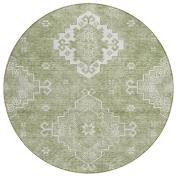 8' Artichoke Green Beige And Ivory Round Medallion Washable Indoor Outdoor Area Rug