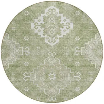 8' Artichoke Green Beige And Ivory Round Medallion Washable Indoor Outdoor Area Rug