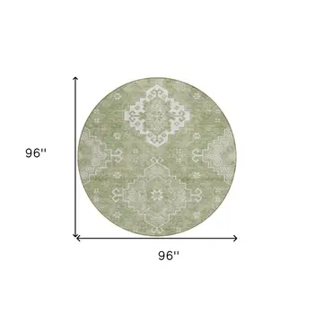 8' Artichoke Green Beige And Ivory Round Medallion Washable Indoor Outdoor Area Rug