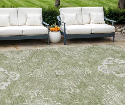 8' X 10' Artichoke Green Beige And Ivory Medallion Washable Indoor Outdoor Area Rug