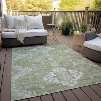 8' X 10' Artichoke Green Beige And Ivory Medallion Washable Indoor Outdoor Area Rug
