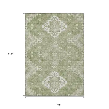 9' X 12' Artichoke Green Beige And Ivory Medallion Washable Indoor Outdoor Area Rug