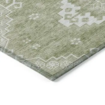9' X 12' Artichoke Green Beige And Ivory Medallion Washable Indoor Outdoor Area Rug