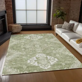 9' X 12' Artichoke Green Beige And Ivory Medallion Washable Indoor Outdoor Area Rug