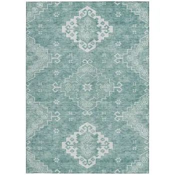 5' X 8' Aqua Teal Blue And Ivory Medallion Washable Indoor Outdoor Area Rug
