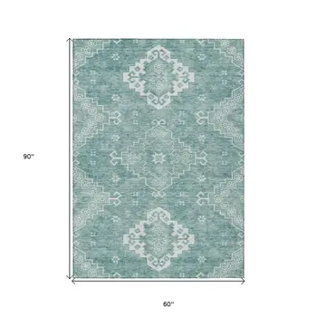 5' X 8' Aqua Teal Blue And Ivory Medallion Washable Indoor Outdoor Area Rug