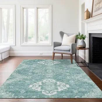 5' X 8' Aqua Teal Blue And Ivory Medallion Washable Indoor Outdoor Area Rug