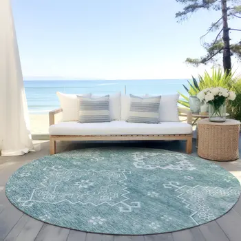8' Aqua Teal Blue And Ivory Round Medallion Washable Indoor Outdoor Area Rug