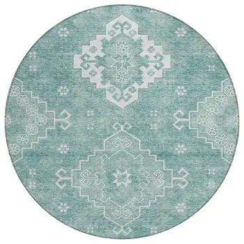 8' Aqua Teal Blue And Ivory Round Medallion Washable Indoor Outdoor Area Rug