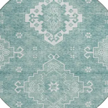 8' Aqua Teal Blue And Ivory Round Medallion Washable Indoor Outdoor Area Rug