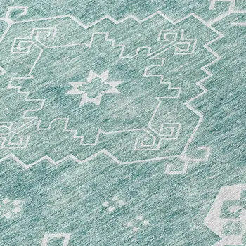 8' Aqua Teal Blue And Ivory Round Medallion Washable Indoor Outdoor Area Rug