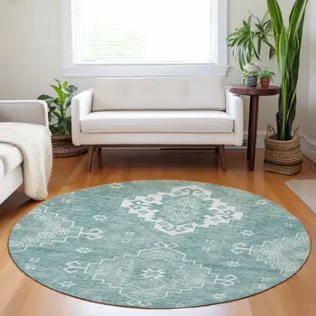 8' Aqua Teal Blue And Ivory Round Medallion Washable Indoor Outdoor Area Rug