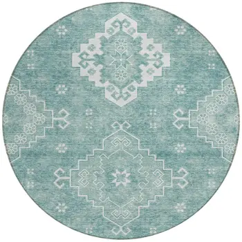 8' Aqua Teal Blue And Ivory Round Medallion Washable Indoor Outdoor Area Rug