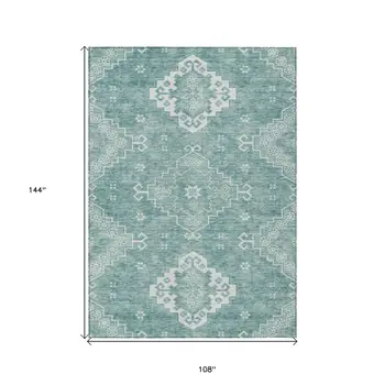 9' X 12' Aqua Teal Blue And Ivory Medallion Washable Indoor Outdoor Area Rug