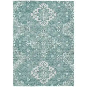 9' X 12' Aqua Teal Blue And Ivory Medallion Washable Indoor Outdoor Area Rug